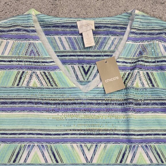 Chico's NWT Sasha Aqua Breeze Zigzag Chevron Beaded Top Beachy Boho - Picture 4 of 9